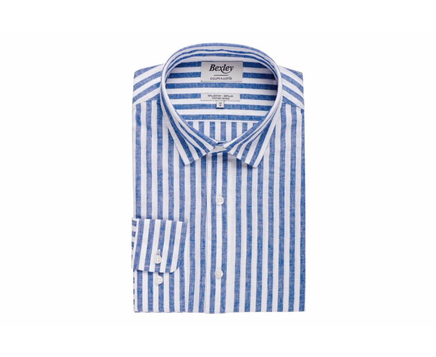 Chemise coton lin rayée bleue foncée et blanche - SIMONIN