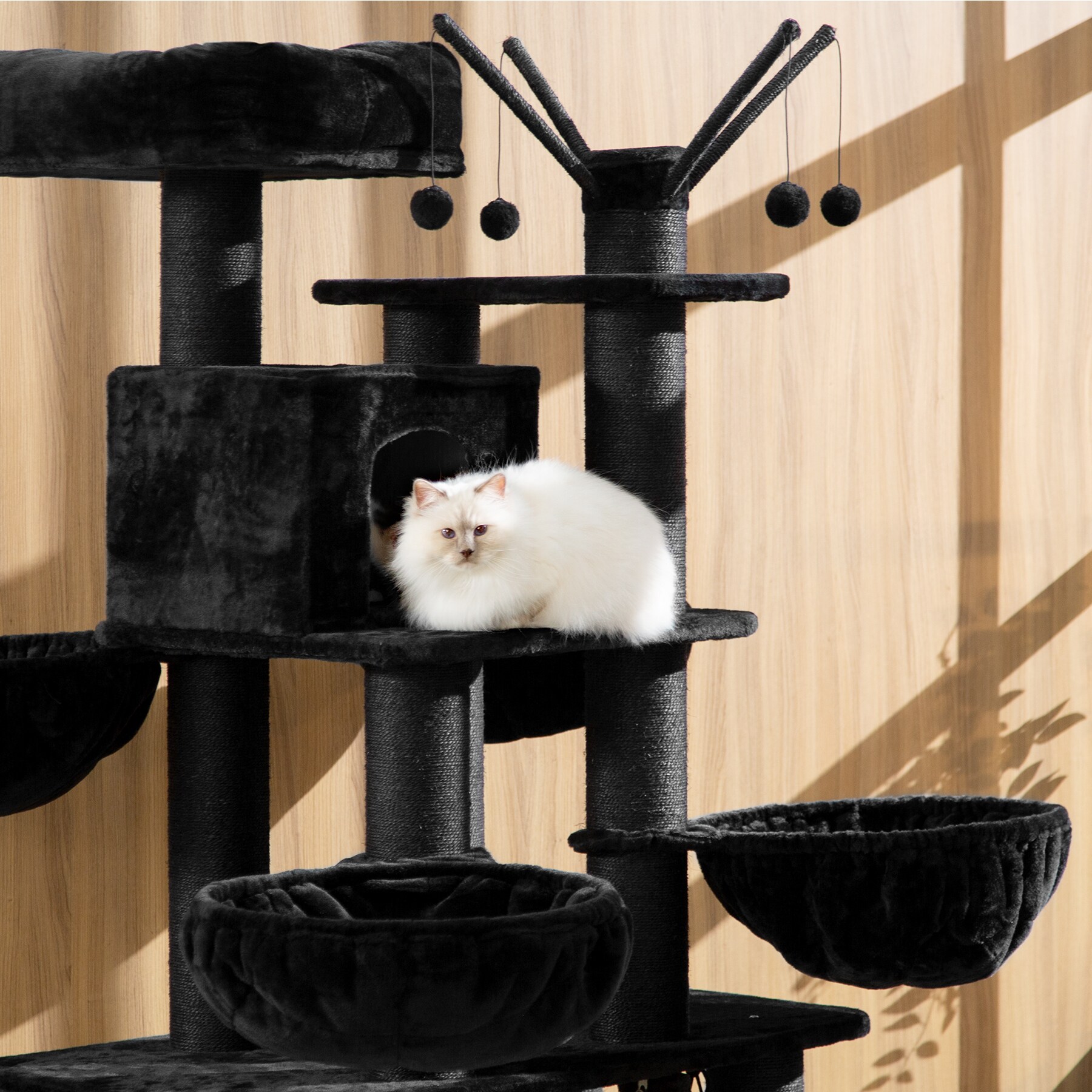 tectake® Kratzbaum, 195 cm, mit Katzenhaus, inklusive Treppe, 4 Spielbällen und Kippschutz