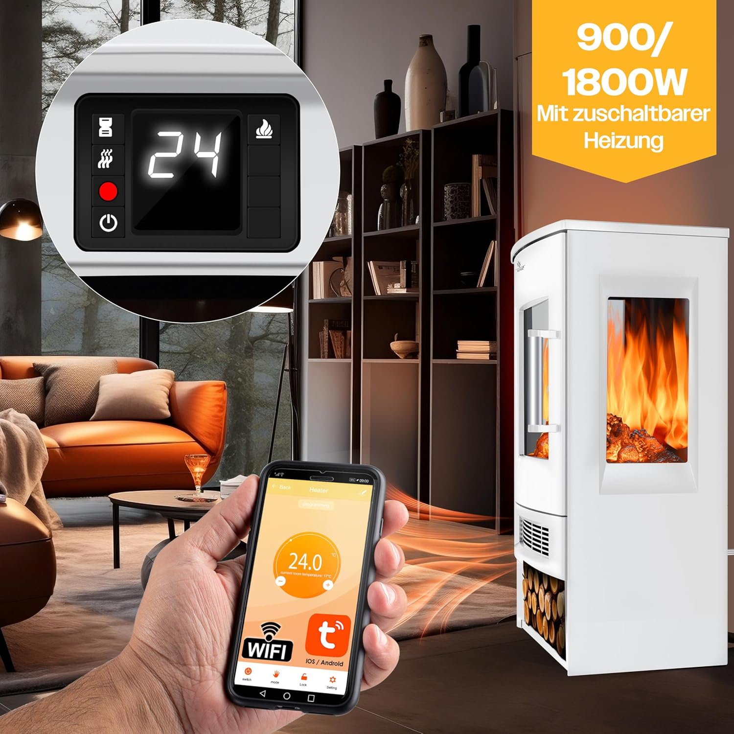 KESSER® Elektrokamin mit Heizung Panorama-Sichtfenster Heizlüfter 9 LED-Flammeneffekt Farbmodi Fernbedienung WiFi App 900/1800W Kaminfeuer elektrisch mit Thermostat Heizfunktion Timer