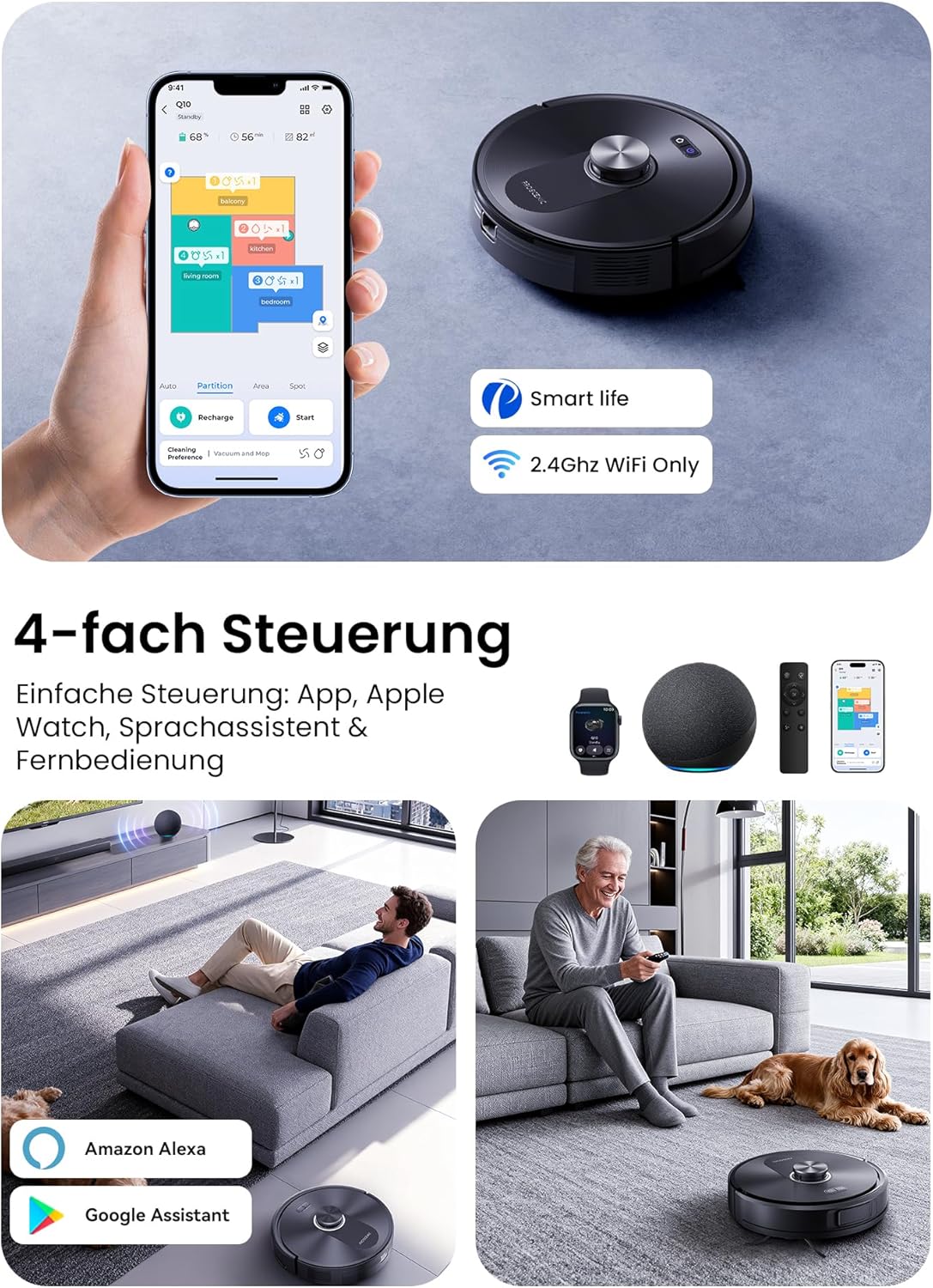 Proscenic Q10 Saugroboter mit Wischfunktion, 8000Pa 200min Staubsauger Roboter, Intelligentes Laser Navigation mit 5 Karten, Steuerung über APP Alexa Siri AppleWatch Fernbedienung für Böden Teppiche