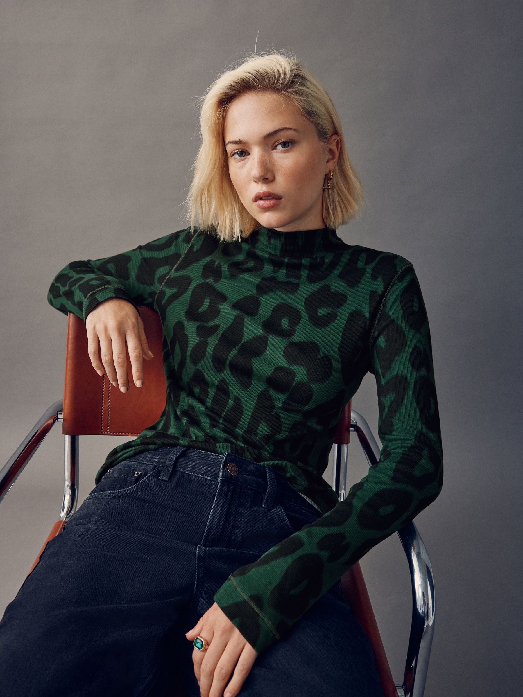 Groen met dierenprint - Geribbeld hoogsluitend T-shirt met lange mouwen