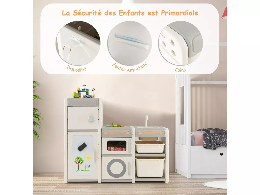 Étagère de rangement jouet avec tableau blanc & évier amovible, 116 x 38 x 98 cm