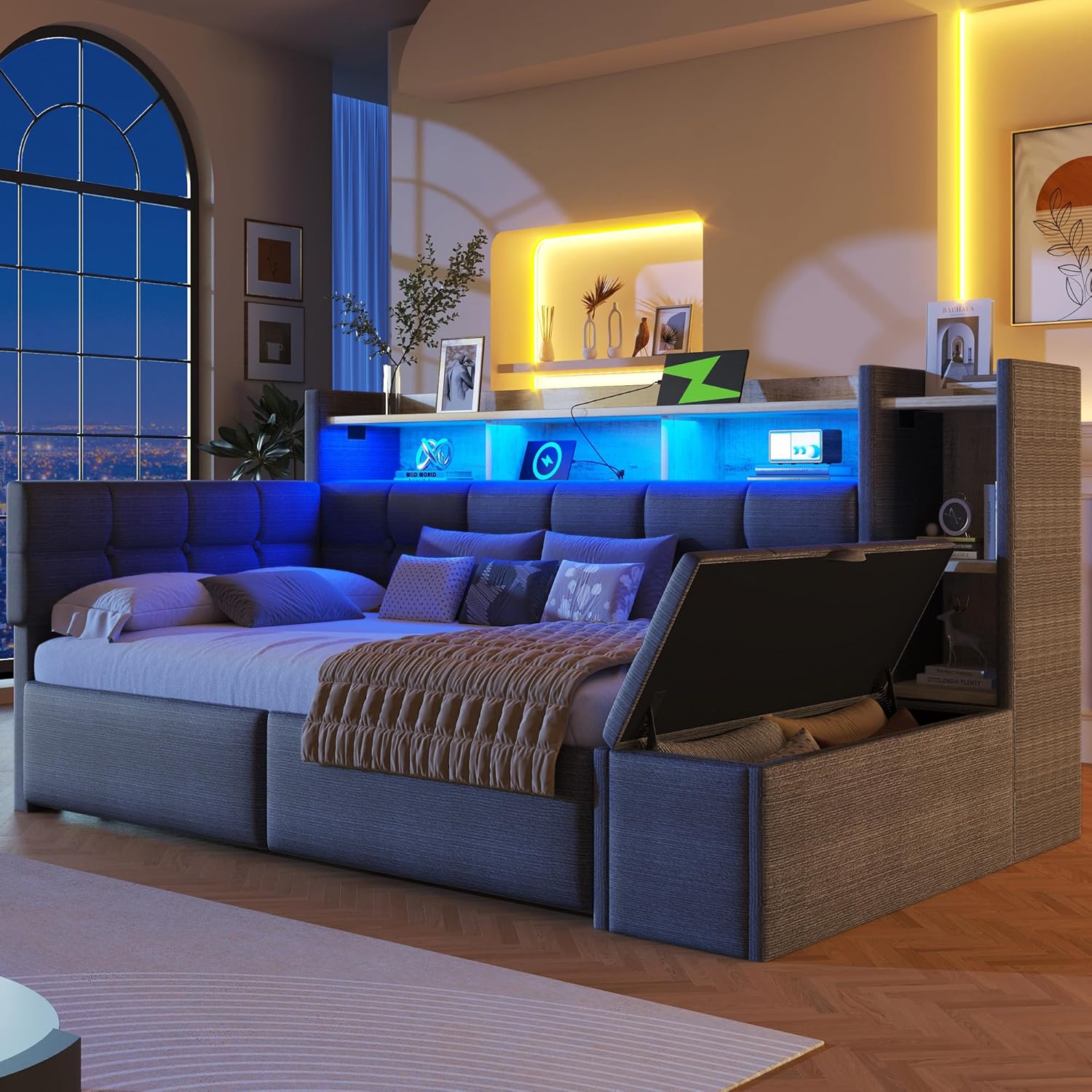 Tagesbett, Daybett, Schlafsofa, 90×190cm, mit Zwei Schubladen, USB- und Typ-C-Anschlüssen, Ablagefach, Stauraumbank am Fußende, LED-Lichtleiste, Ohne Matratze, Samt (Dunkelgrau)