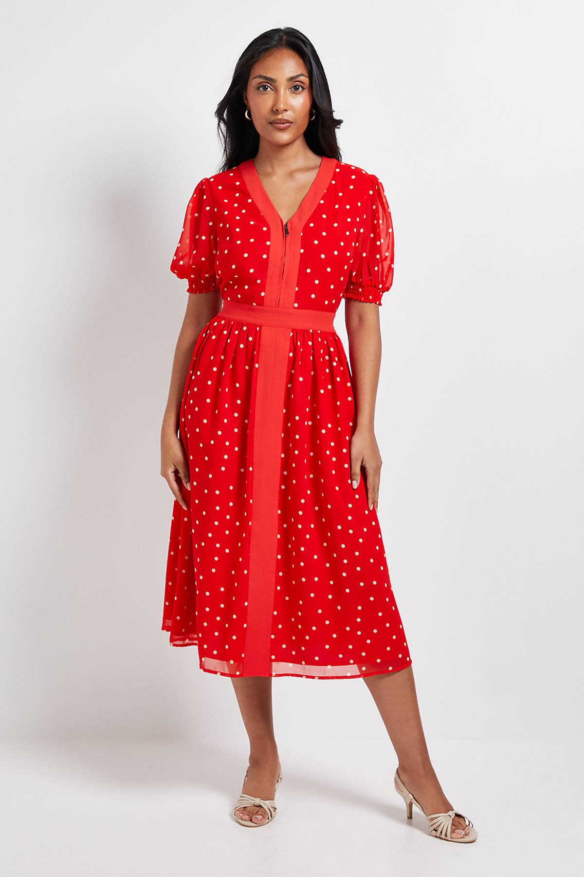 Wallis Robe Midi à Pois avec Fermeture Éclair et Manches Bouffantes - Petite Taille