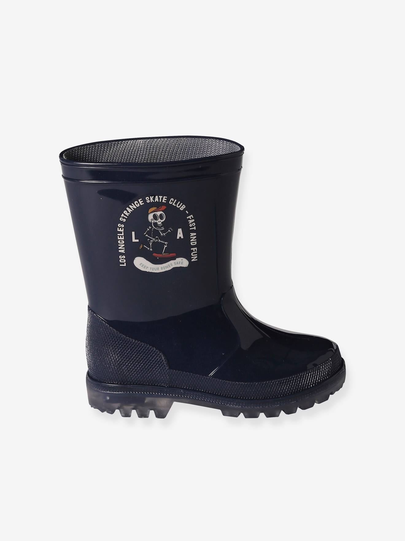 botas de chuva azul-marinho com estampa de esqueleto