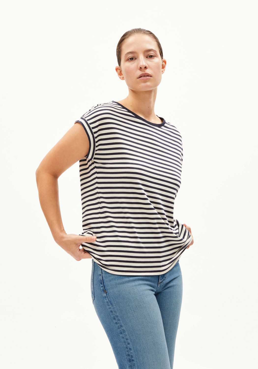 Armedangels T-Shirt Jilaana Stripes Night Sky-Oatmilk
