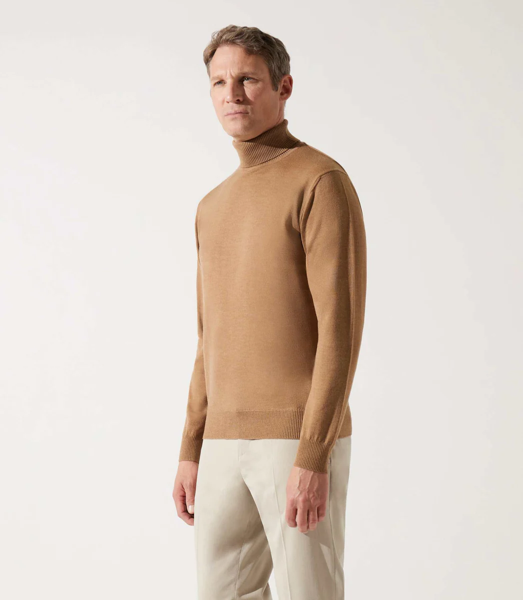 Pull col roulé camel 100% mérinos