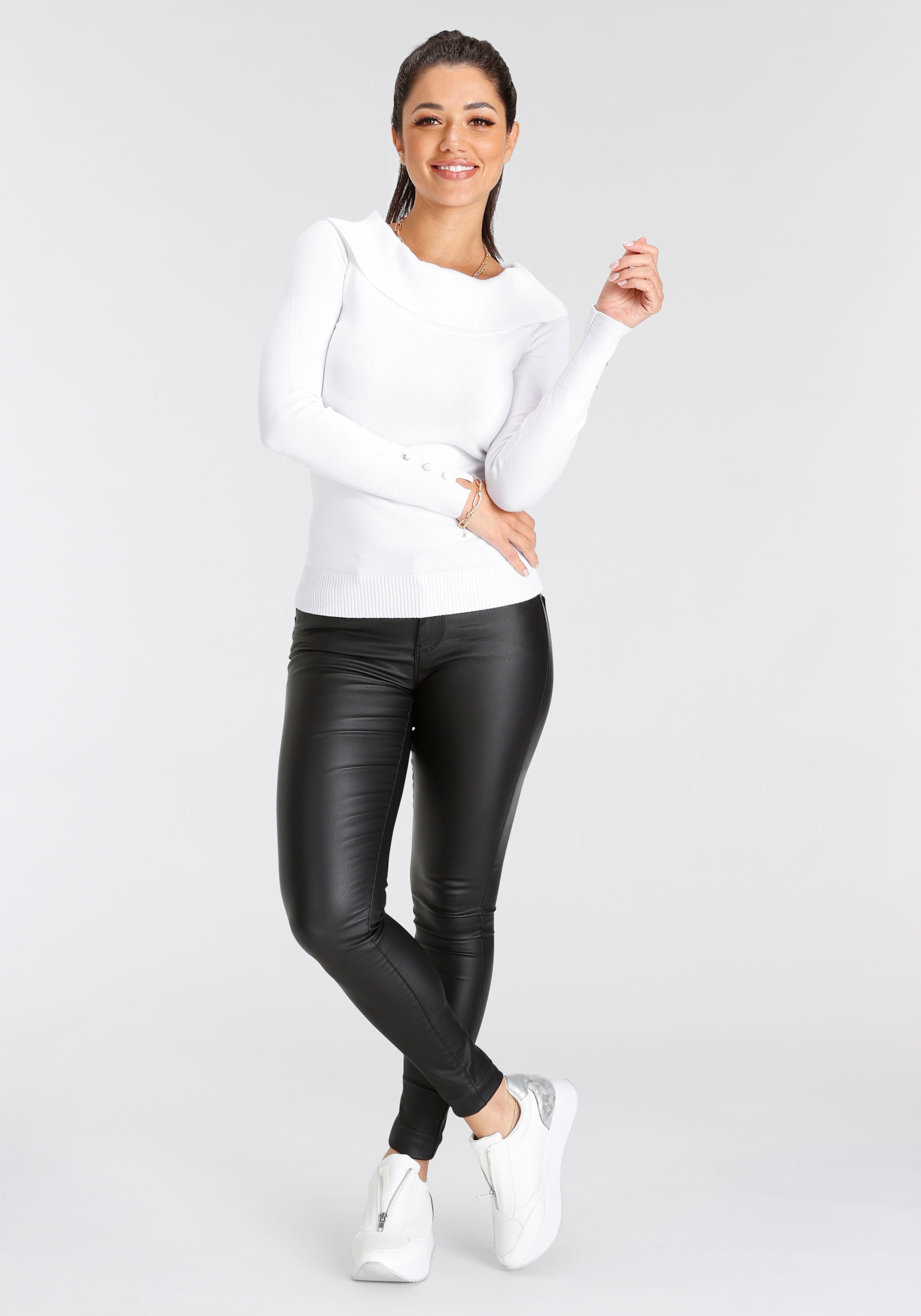Melrose Carmenpullover , mit Zierknöpfen in femininem Schnitt