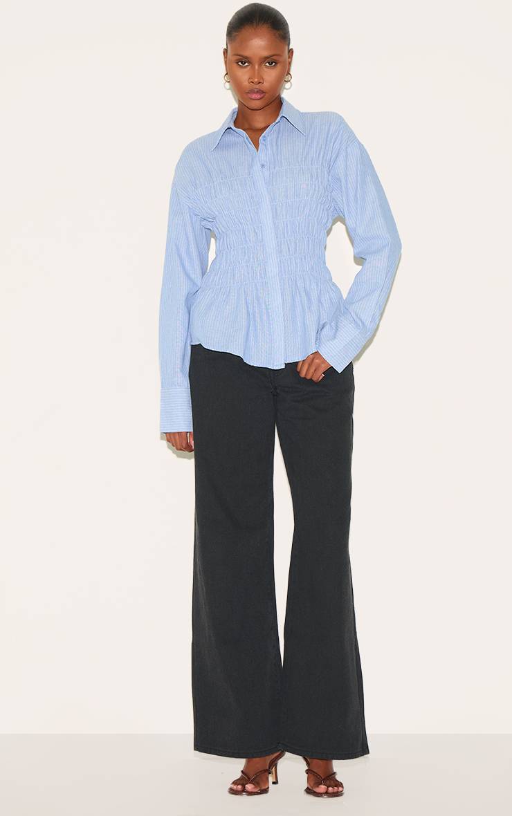 Bleu Chemise Cintrée À Rayures Froncées