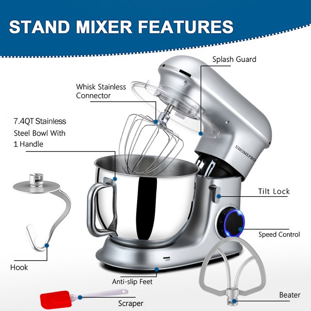 Batedeira de pedestal uhomepro de 7,5 QT para cozinha, 6 velocidades + 0 + P, cabeça inclinável, 660 W, batedeira elétrica para massa, uso doméstico e comercial, com gancho para massa, batedor, batedor de ovos, espátula, própria para lava-louças.