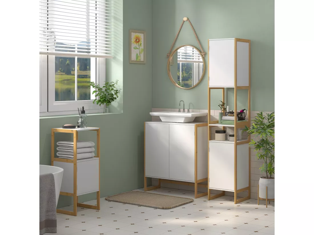 Meuble sous-vasque - 2 portes, étagère - châssis piètement bambou MDF blanc