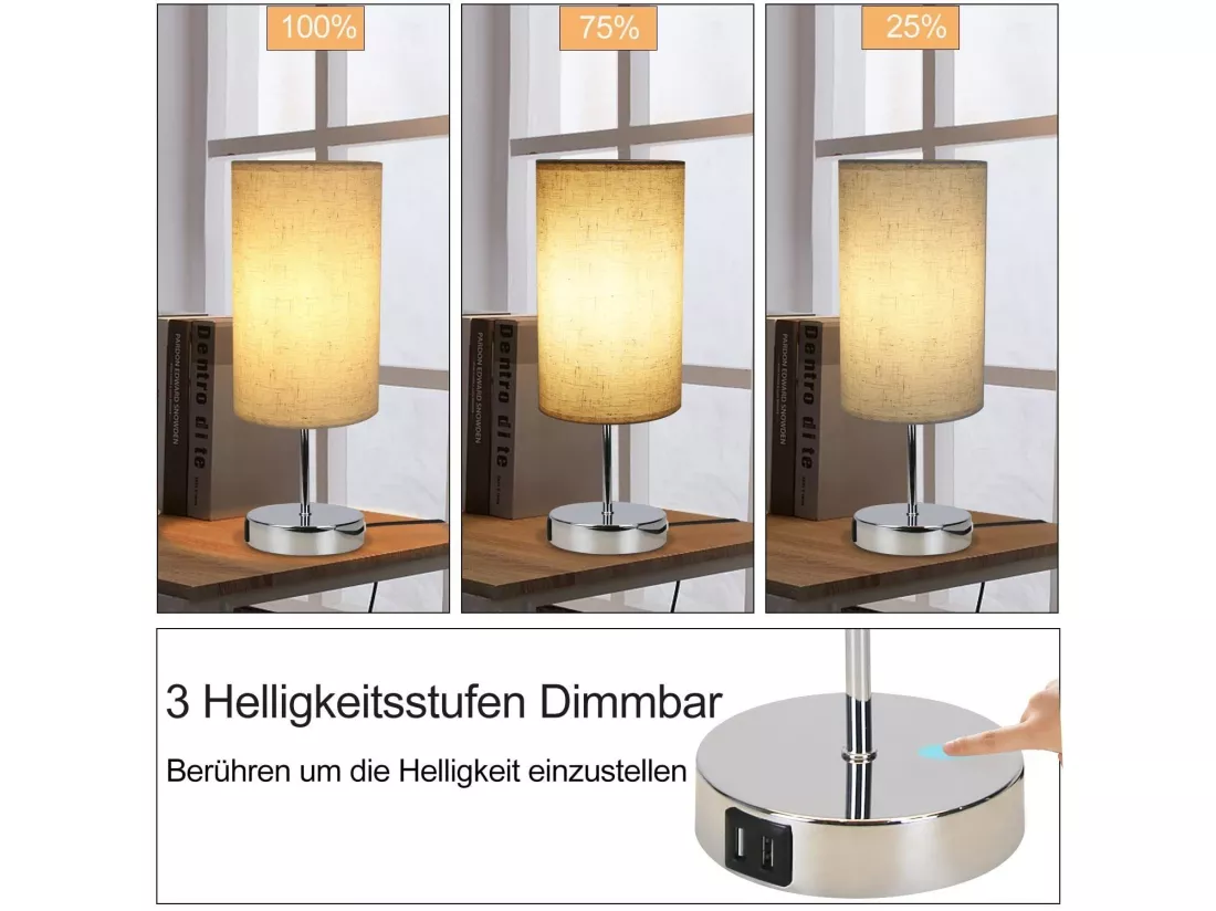 NETTLIFE Lampe de chevet tactile dimmable vintage E27 avec fonction de charge USB LED blanc chaud variable