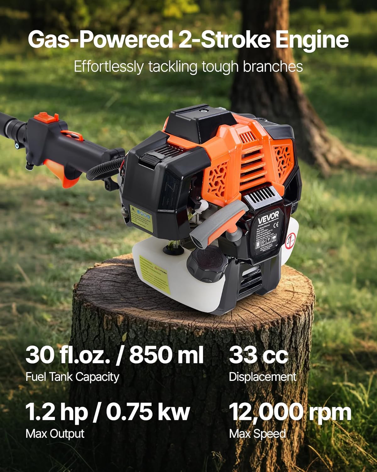VEVOR Benzin-Hochentaster, 33ccm 2-Takt Motorsäge, Teleskopsäge mit 2,04–3,54 m ausziehbarer Stange, 20,3 cm Schwert, 850 ml Kraftstofftank, für ein kraftvolles Sägen in hohen Baumkronen