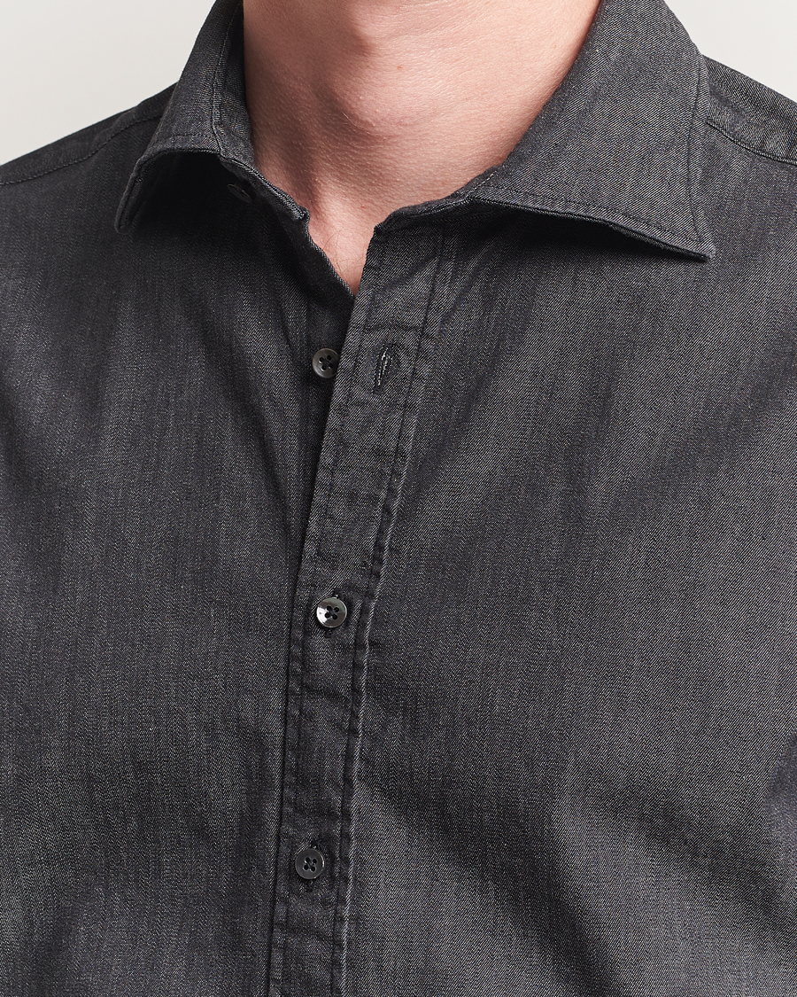 Stenströms Regular Fit Garment Washed Denim Shirt Black