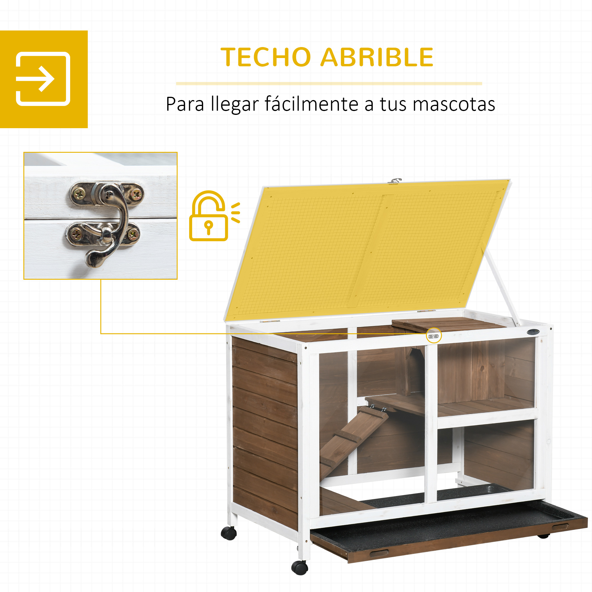 Gaiola de madeira PawHut para coelhos com rodas, 91,5 x 53,3 x 73 cm, 2 níveis, com teto articulado, bandeja removível e rampa, marrom.
