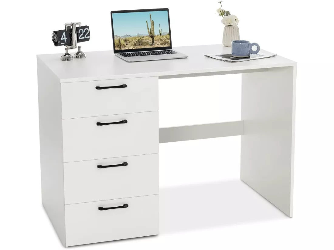 Bureau Droit avec 4 Tiroirs MDF Finition Mélaminé et Laqué UV - L110 x P60 x H76 cm- Brillance Blanche