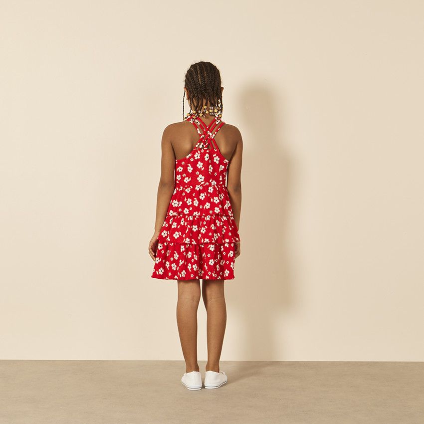 Robe sans manches imprimée et volantée à dos croisé pour fille - Rouge