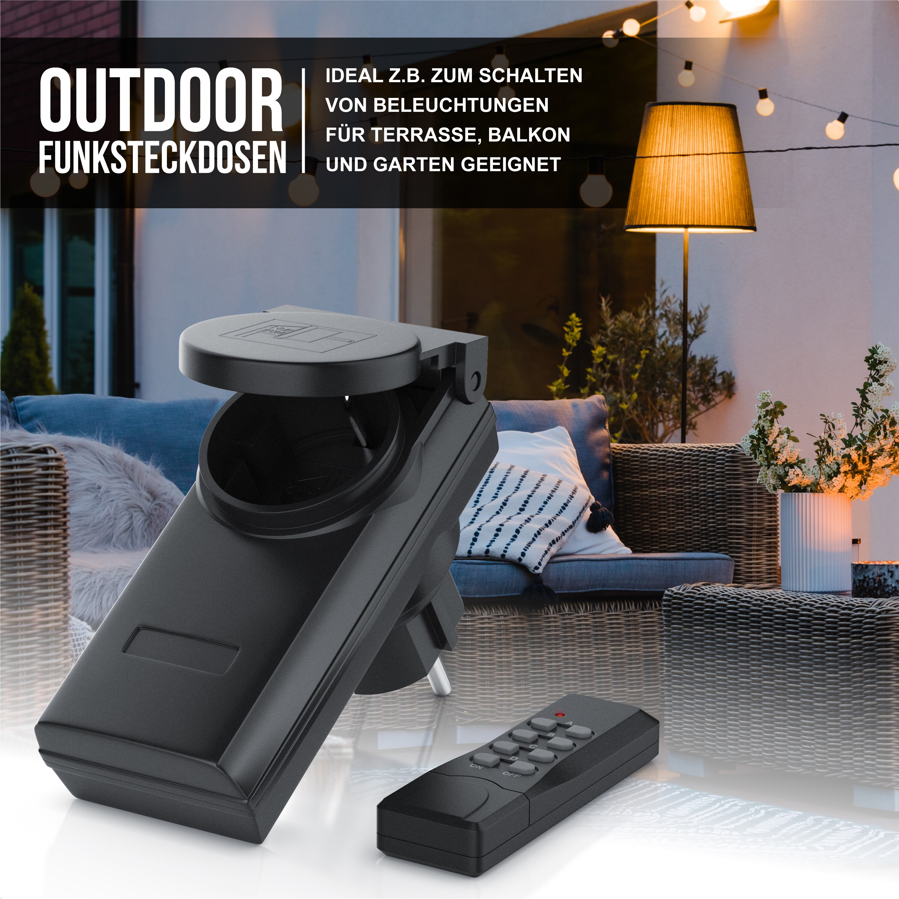 Arendo Outdoor Funksteckdosen-Set für den Außenbereich - 4x Funkschalter / 1x Fernbedienung / IP44
