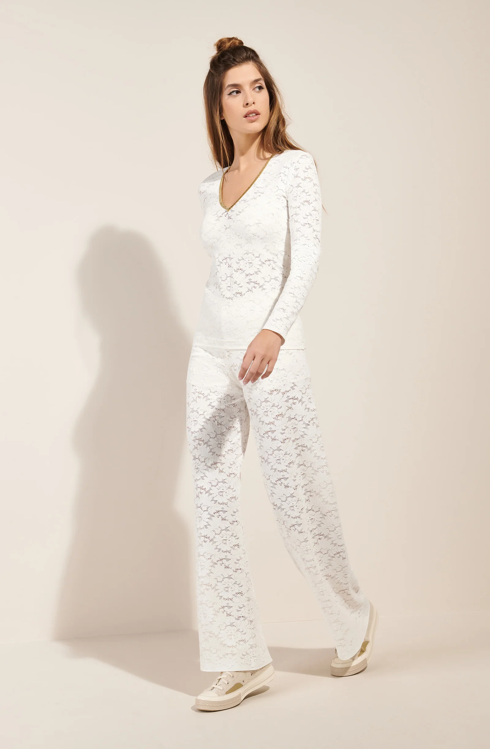 tanak Top en dentelle blanc écume, finitions lurex doré Écume