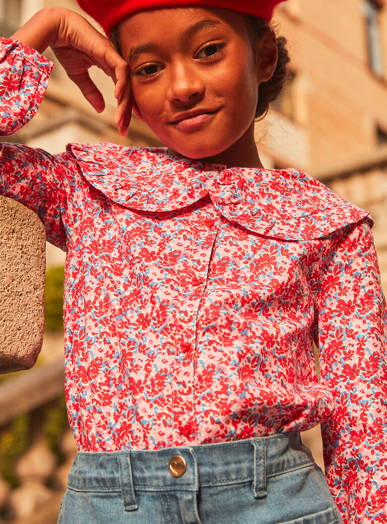 Chemisier rose, rouge et lilas à imprimé fleuri en twill gratté