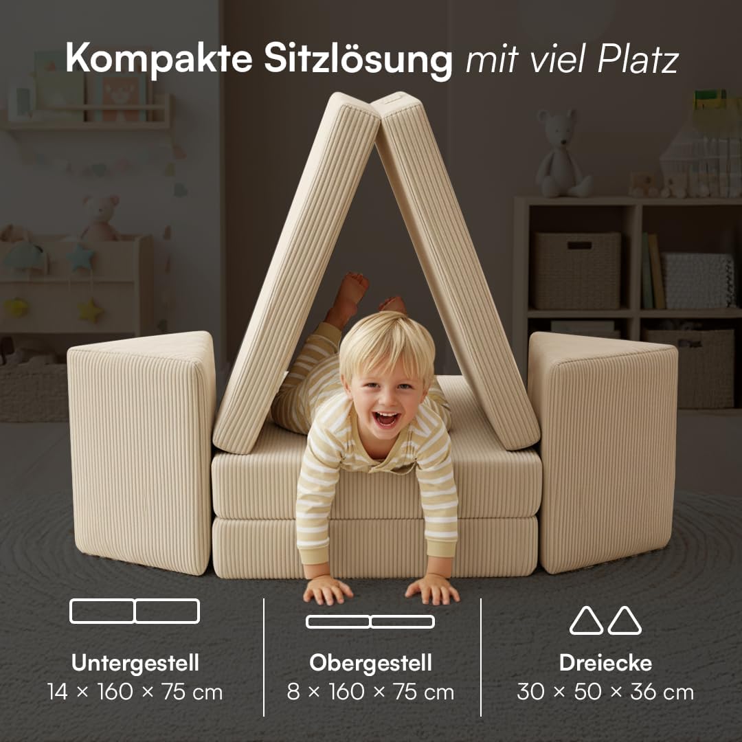 Bellabino Nile Spielsofa für Kinder – Kindersofa Cord in Beige – Spielesofa aus Schaumstoff Bausteine – modulare Kindercouch ausklappbar – Spielcouch waschbarer Bezug – Sofa Kinderzimmer Kuschelecke