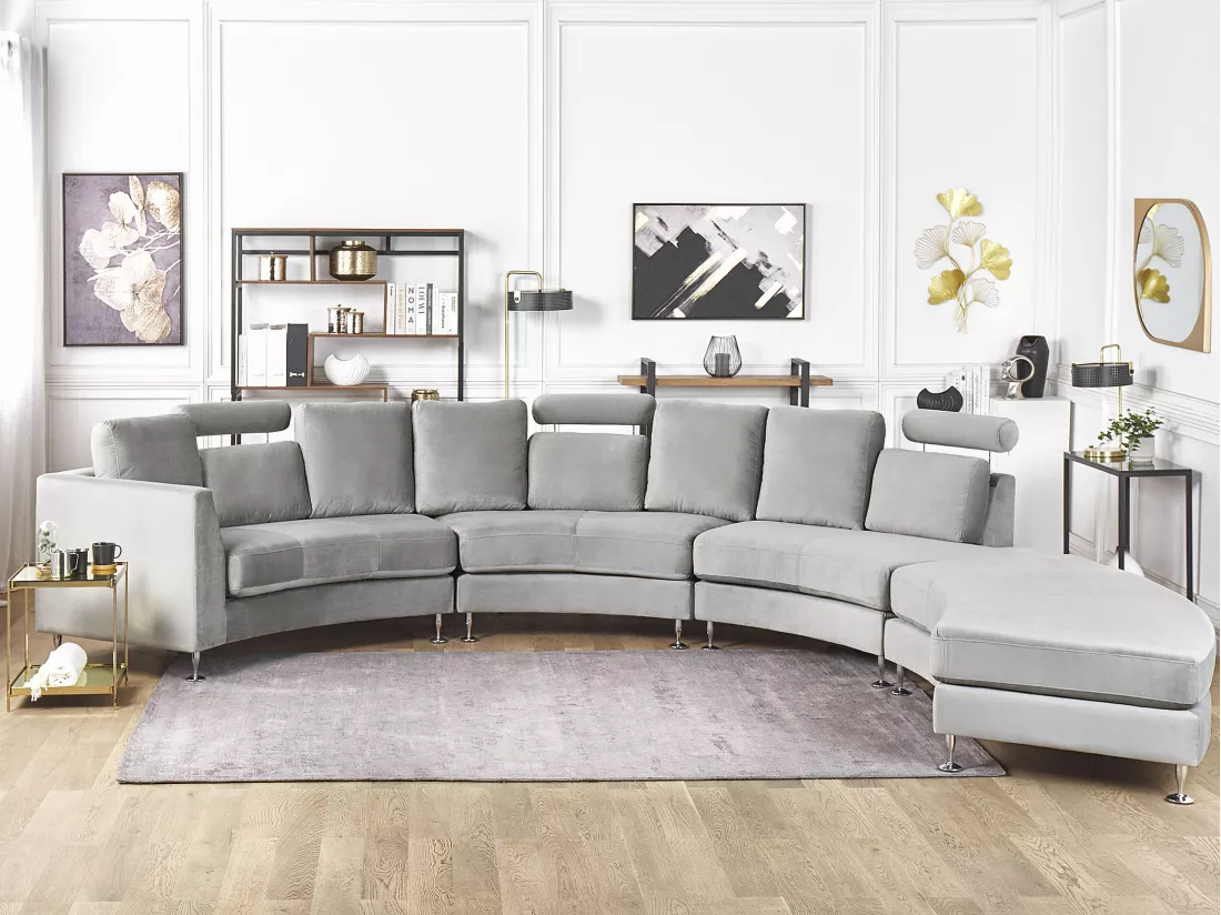 Canapé circulaire modulable en velours gris clair 8 places ROTUNDE