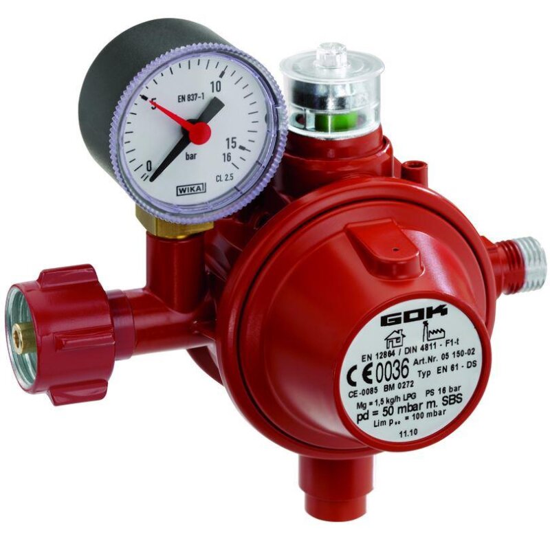 GOK Gasdruckregler EN61-DS 1,5kg/h 50 mbar G.12 -> G 1/4 LH mit Manometer