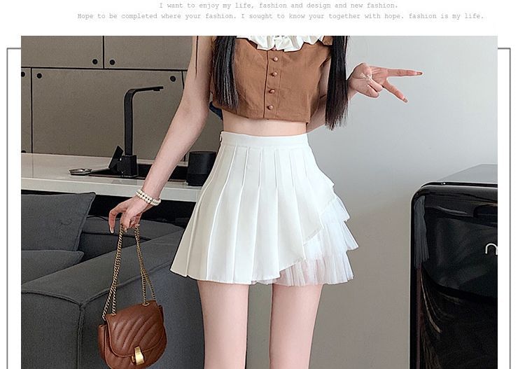 Horrysonie - Hoge taille geplooide mini A-lijn rok met effen mesh-paneel