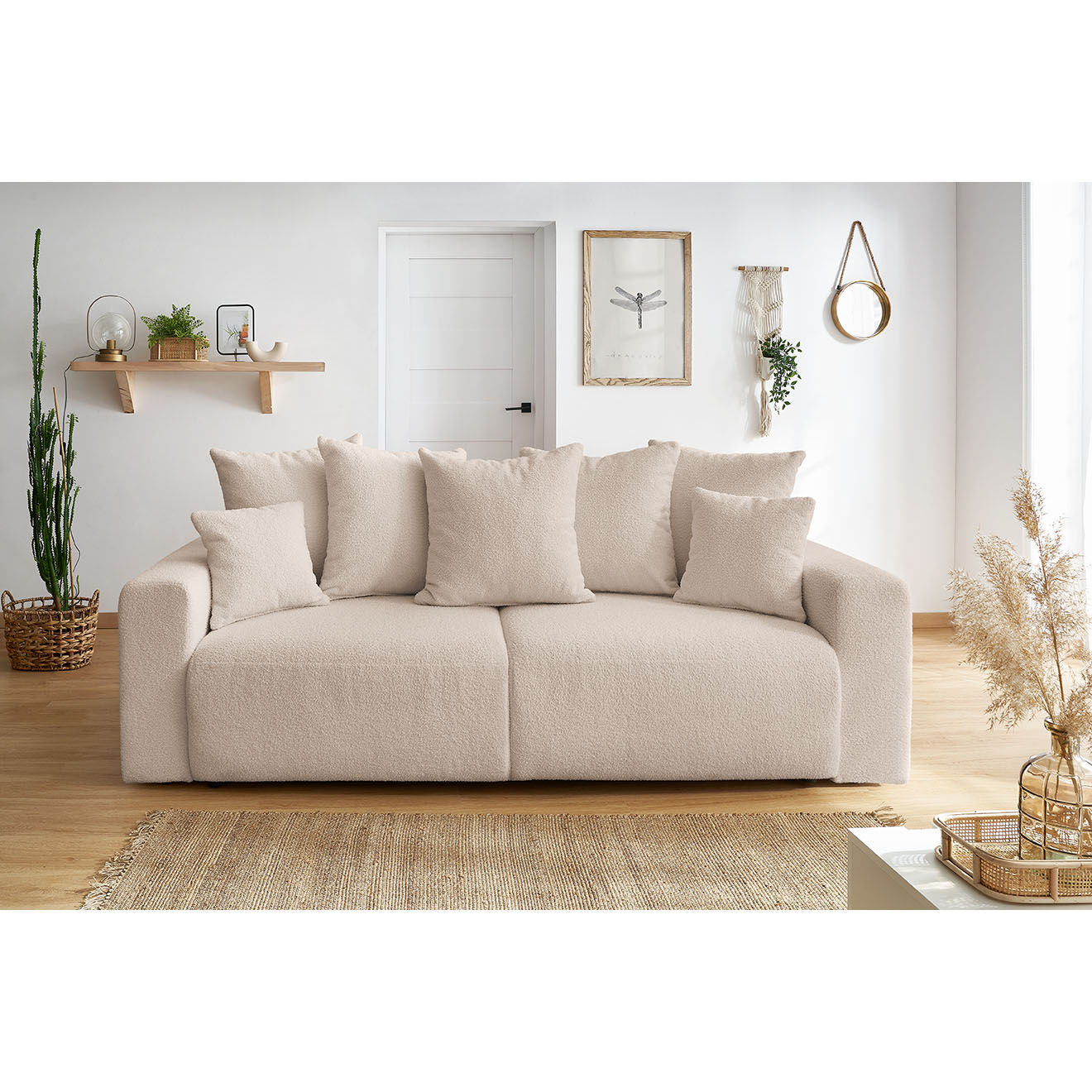 Bobochic Canapé 3 places convertible velours bouclette Envy beige - 245x102x88 cm