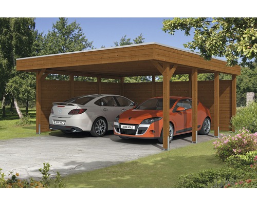 SKAN HOLZ Friesland dubbele carport inclusief zij- en achterwand, 557x555 cm, notenhout