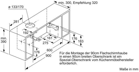 Bosch DFL094A51 Serie 4 Flachschirmhaube, 90 cm breit, Um- & Abluft, Made in Germany, EcoSilence Drive leiser und effizienter Motor, LED-Beleuchtung gleichmäßige Ausleuchtung, Kurzhubtasten
