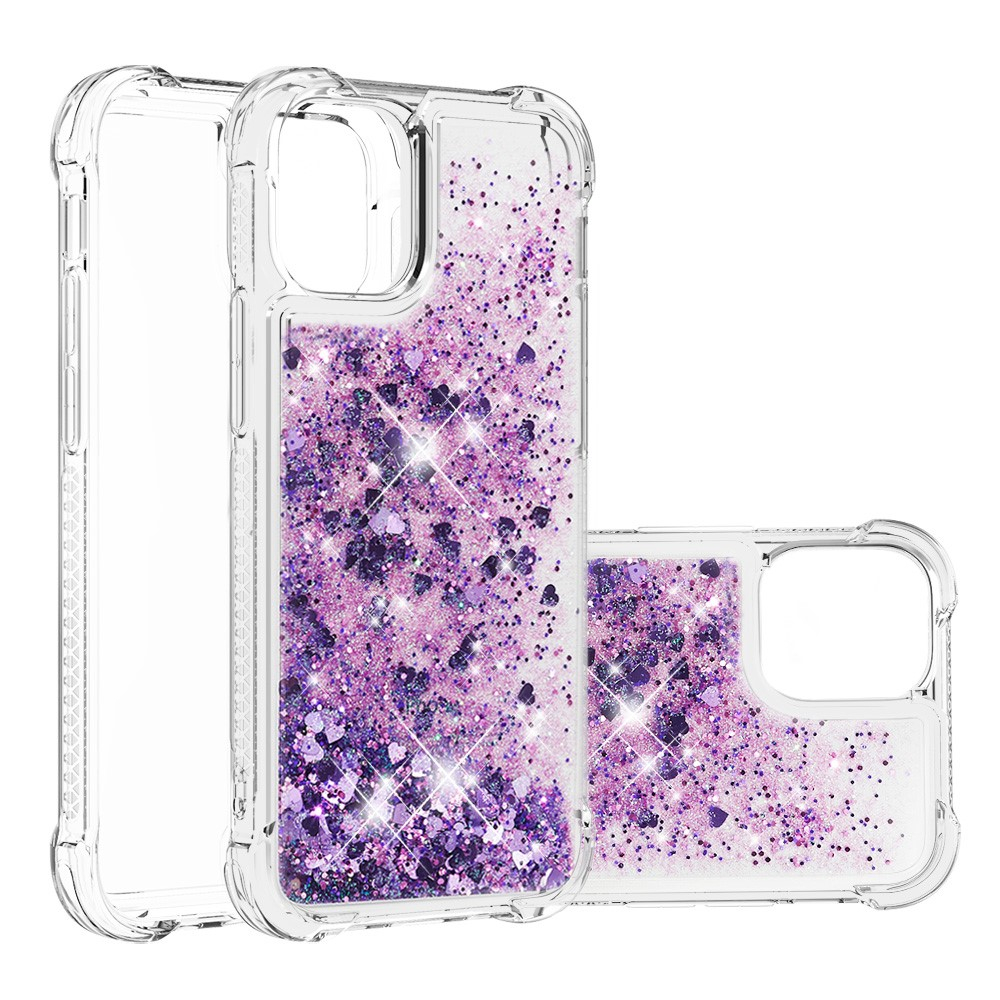 iPhone 13 Hardcase Hülle mit Air Cushion Fallschutz Liquid Case Glitzer Herzen - Lila / Transparent