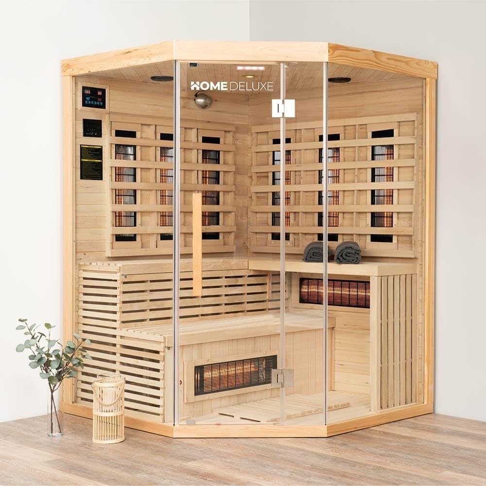 Home Deluxe – Infrarotkabine Sahara XXL – 150 x 150 x 200 cm - für 2-3 Personen, 8 Vollspektrumstrahler, Holz: Hemlocktanne I Infrarotsauna, Sauna, Wärmekabine, Infrarot