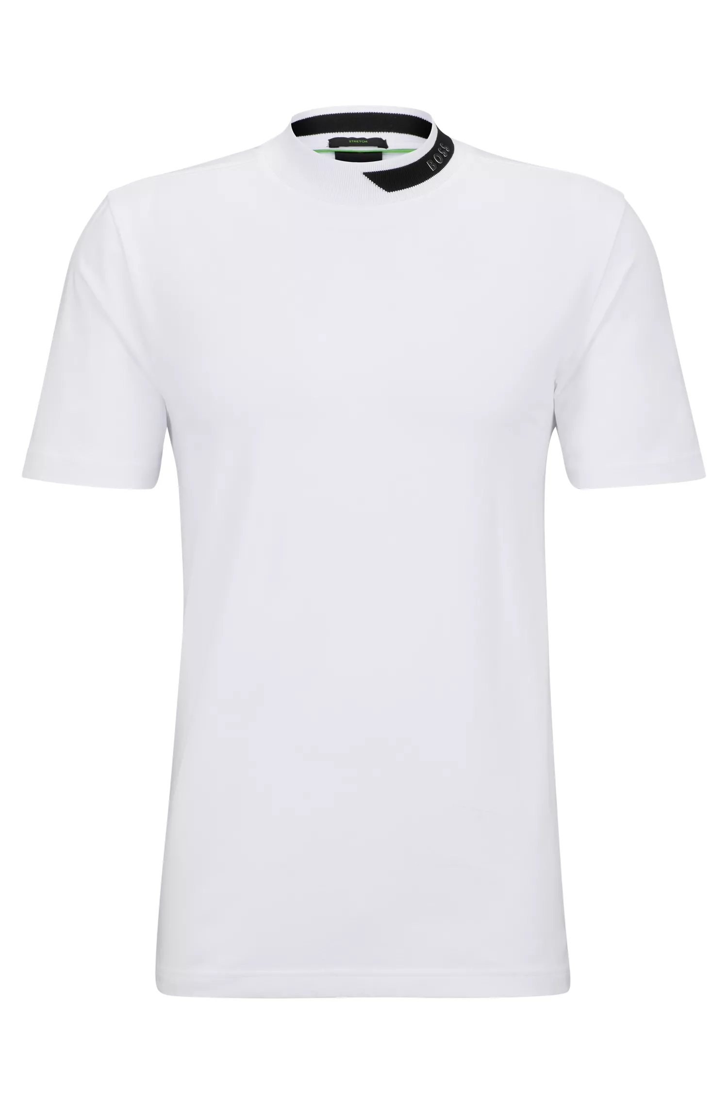 Camiseta BOSS verde em algodão stretch com gola jacquard listrada com o logotipo.