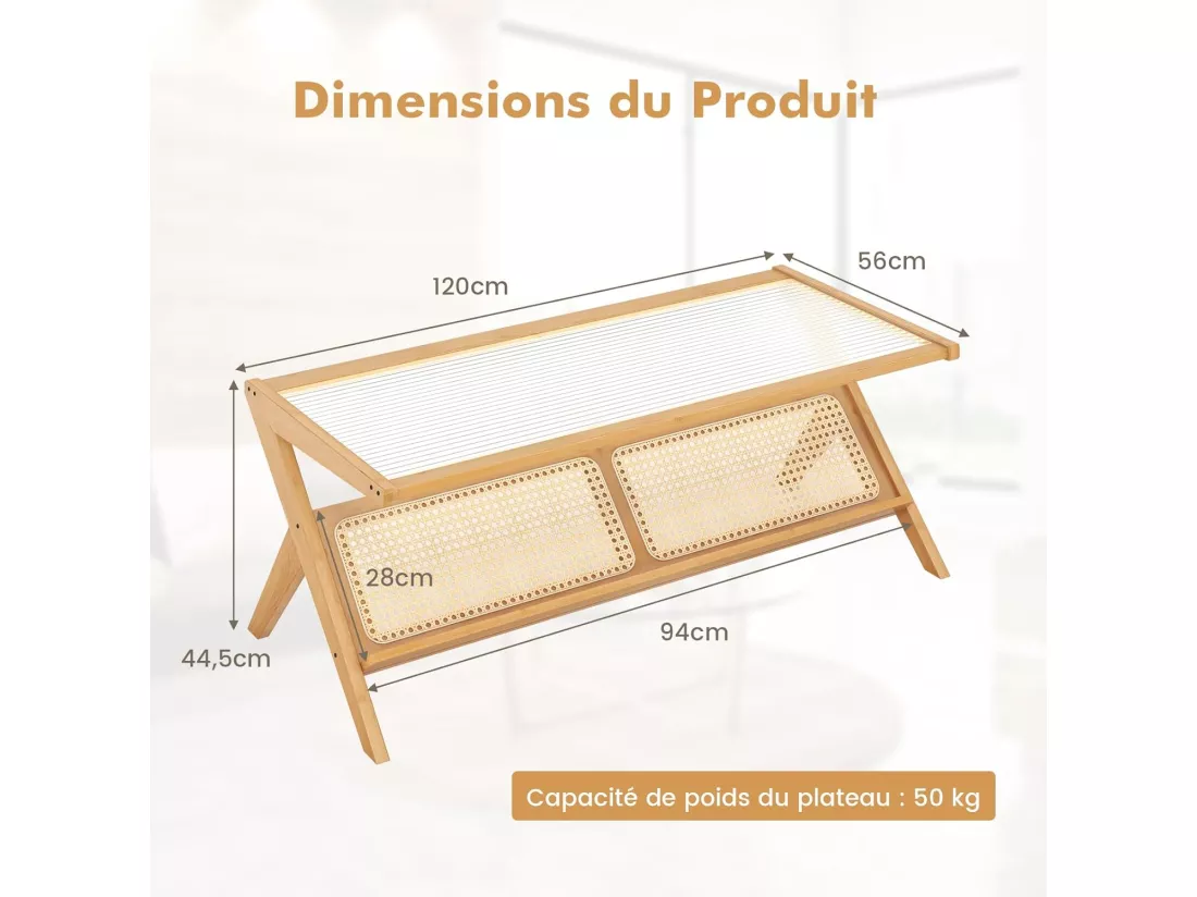 Table basse, table salon 120 cm en bambou avec plateau en verre trempé, style bohême