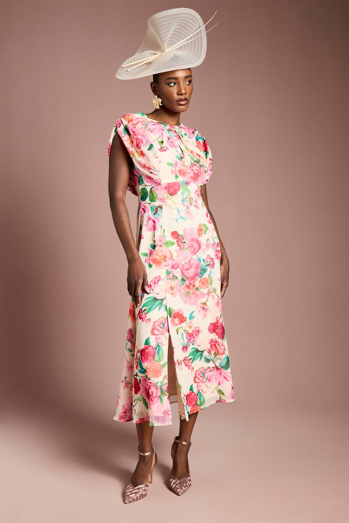Coast Robe Midi en Mousseline Florale à Manches Courtes