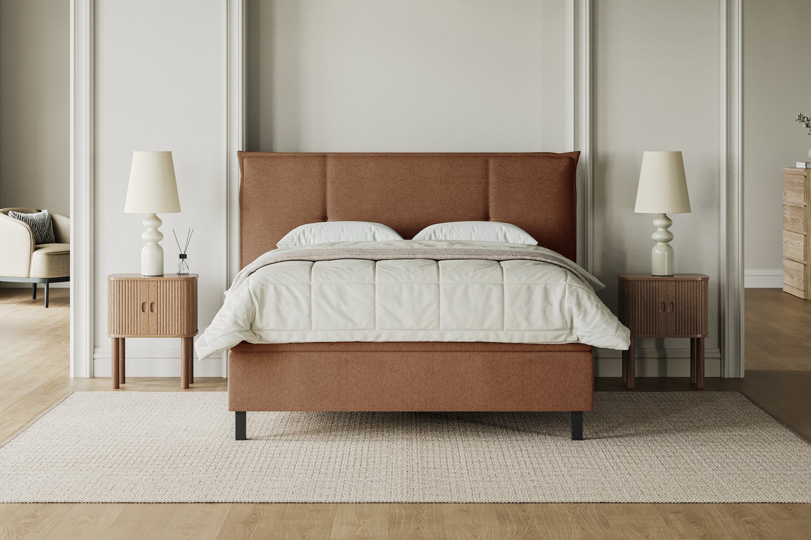 XOV Premium 15 Kontinentalseng 210x210 cm i tekstil storm 54 tan, fast/fast med Premium 15 overmadrass og sort firkantede ben, gavl selges separate