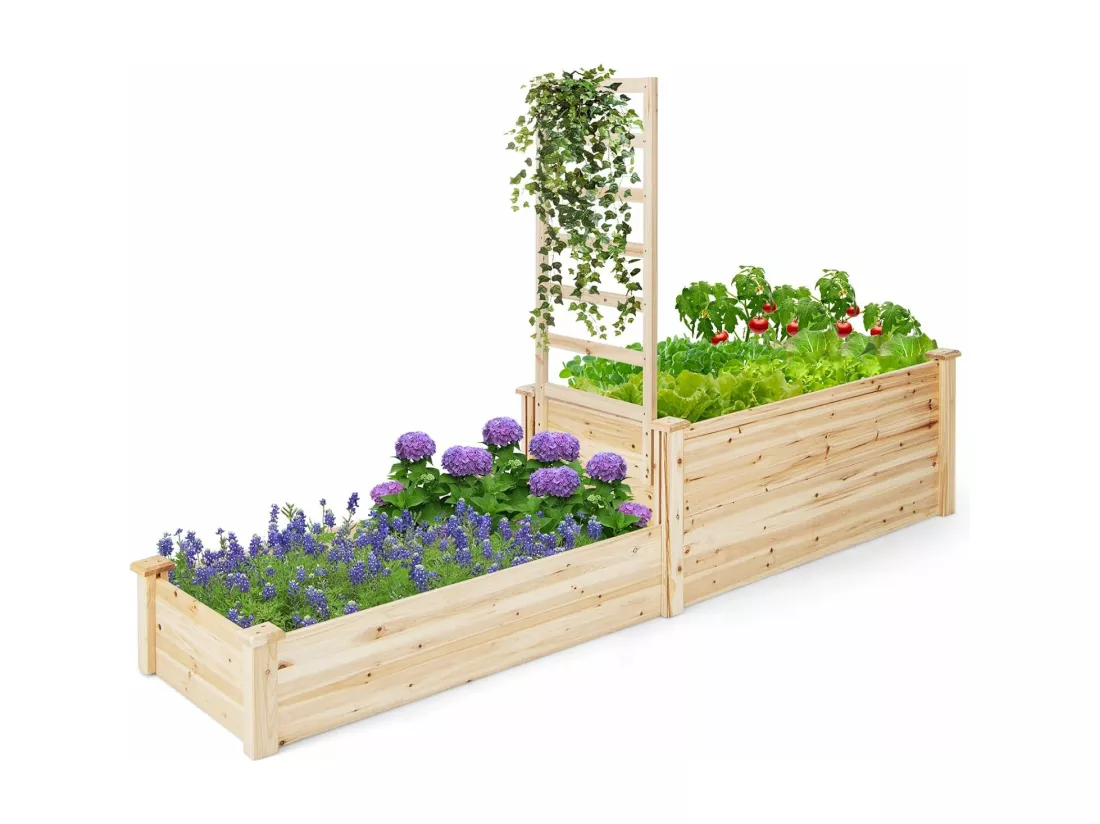 Jardinière avec Treillis en Bois avec Base Ouverte, 2 Bacs à Fleurs Extérieur à 2 Niveaux pour Plante Grimpante, Lit de Jardin Surélevée Assemblage Facile, 223 x 64 x 134 cm