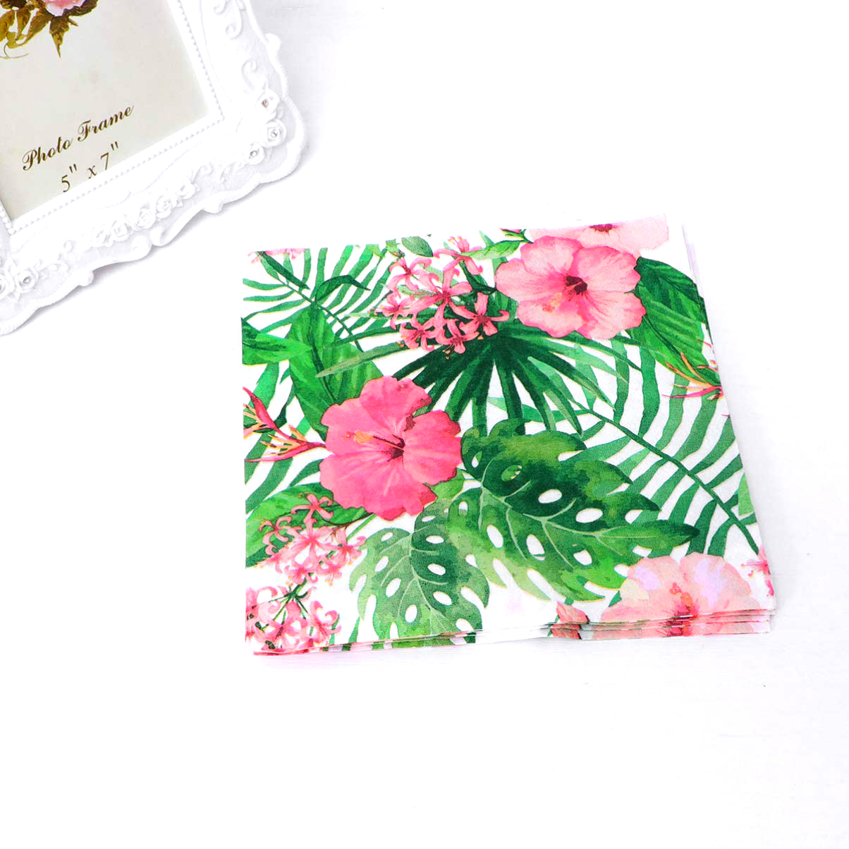 (20er Set) 33x33cm Einweg Servietten Sommer Party Tisch Dekoration - Palmenblätter / Hibiskus