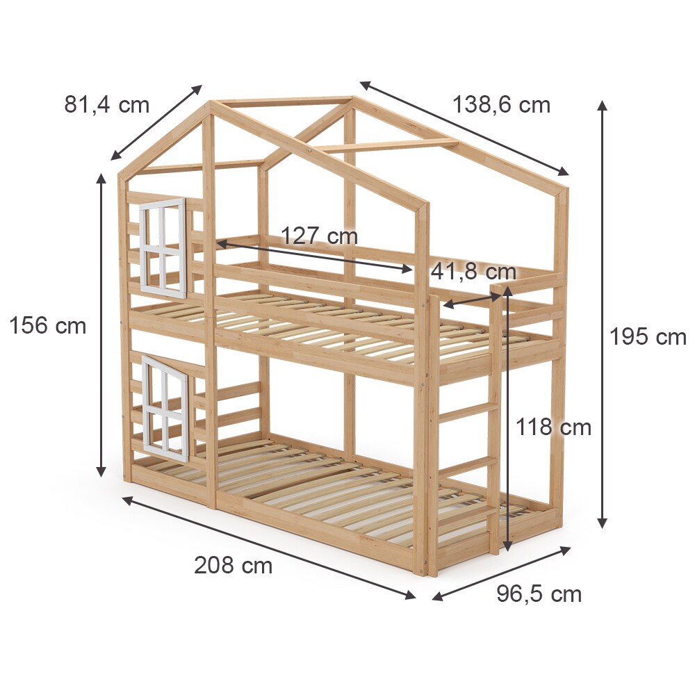 Vitalispa Doppelstockbett Maja 200 x 90 cm Natur mit Leiter, Etagenbett, 2 Kinder