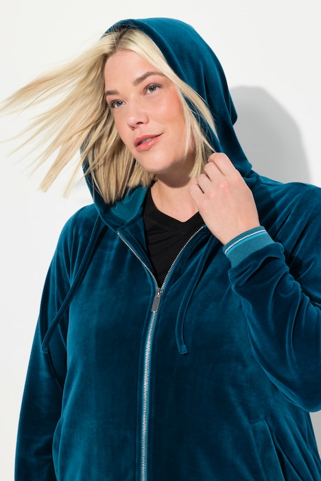 Samt-Sweatjacke, Blüte, Kapuze, Glitzerstreifen-Bündchen