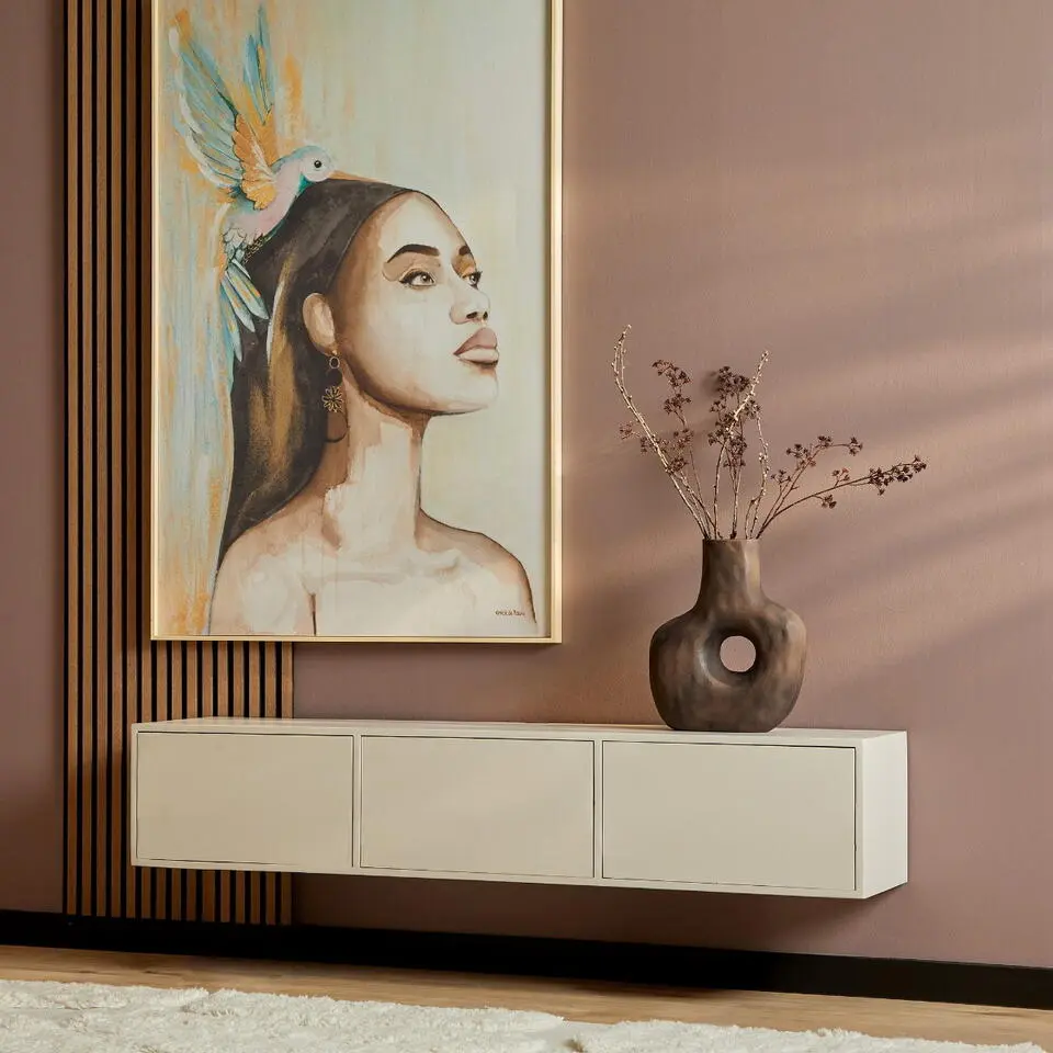 Zwevend Tv-Meubel Beige Mangohout - 160x35x30cm - 3 Deuren - Vision
