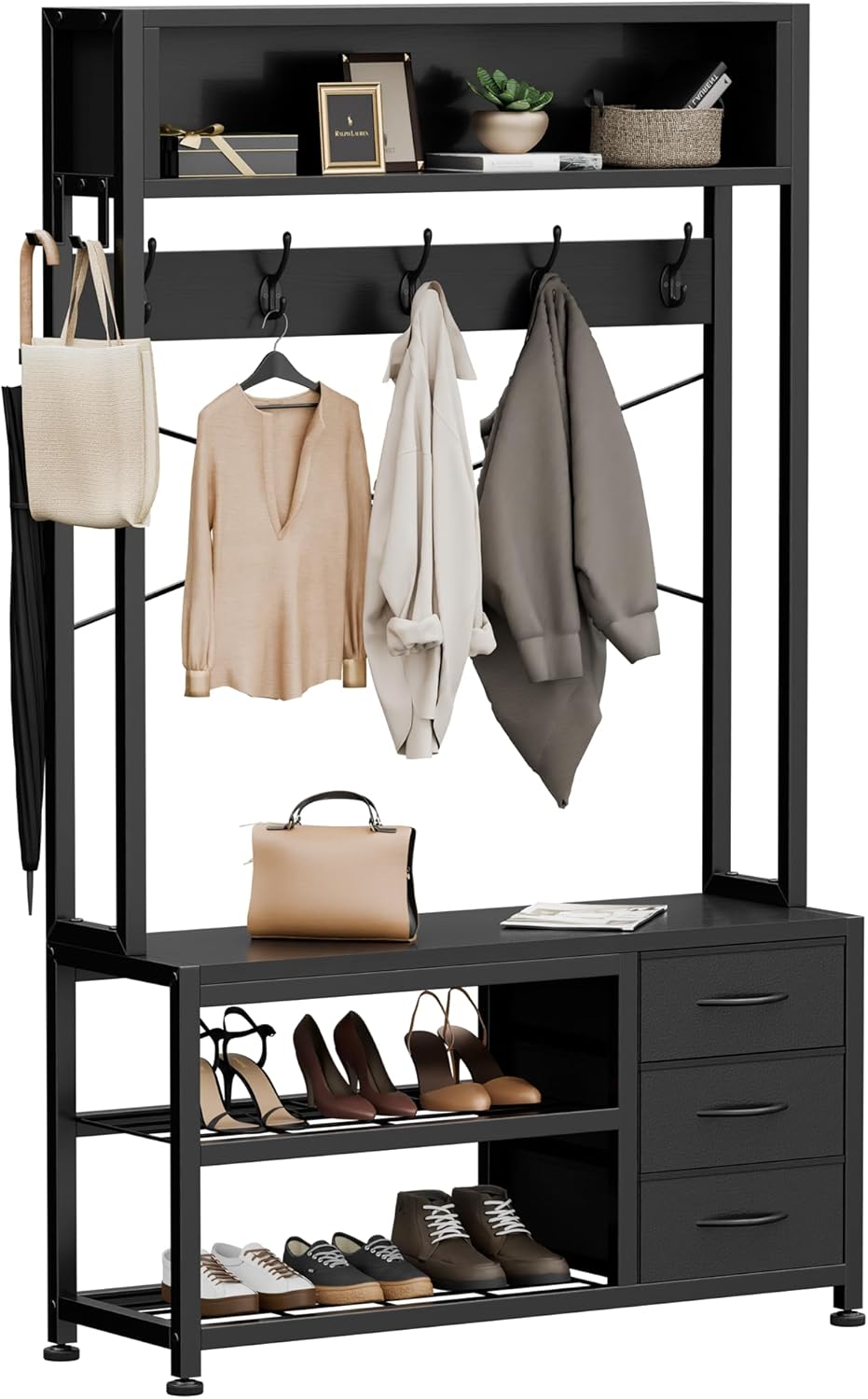 Garderobenständer mit Schuhablage, Garderobe mit Sitzbank, 12 Haken, 3 Schubladen und 1 Ablagefläche, Metallrahmen, 30 x 80 x 180 cm, für Flur Eingänge Schwarz