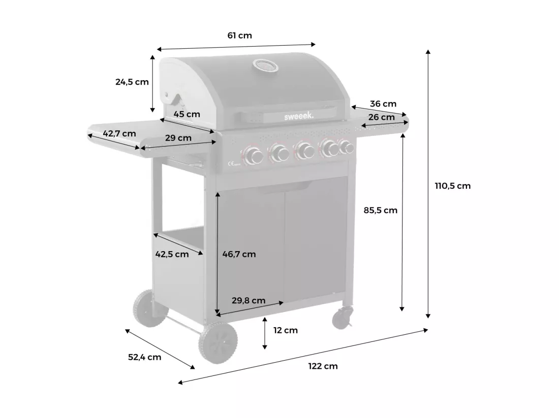 Barbecue au gaz Edmond noir. 4 brûleurs + 1 feu latéral. avec thermomètre. L 122x P62 x H143 cm