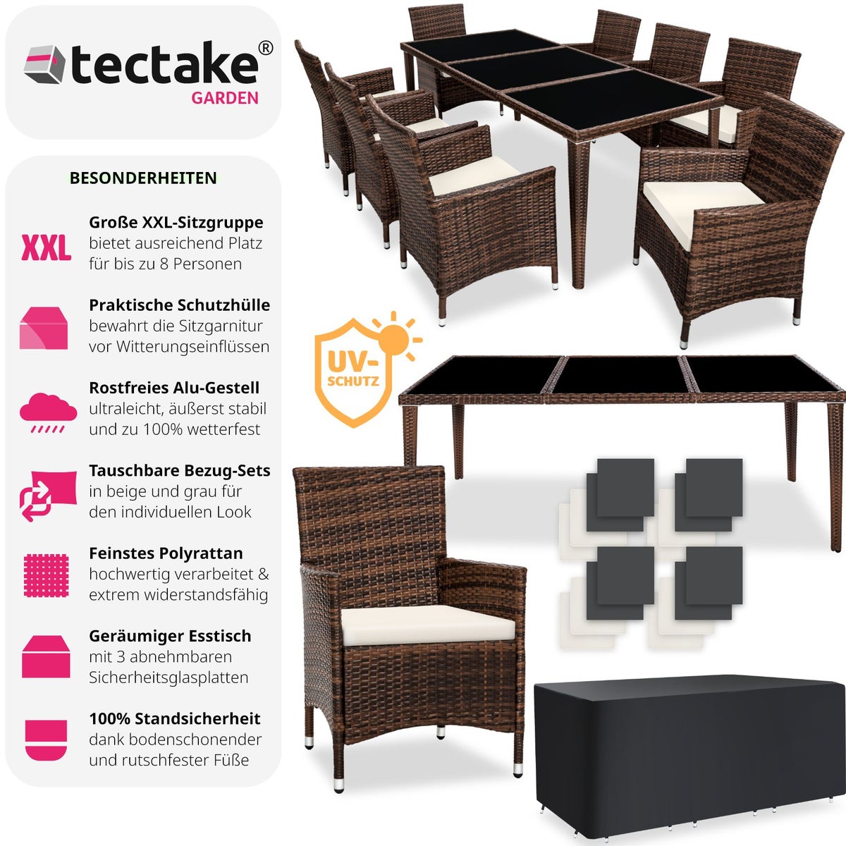 Rotan zitgroep tectake Menorca met aluminium frame, 2 sets hoezen, inclusief beschermhoes