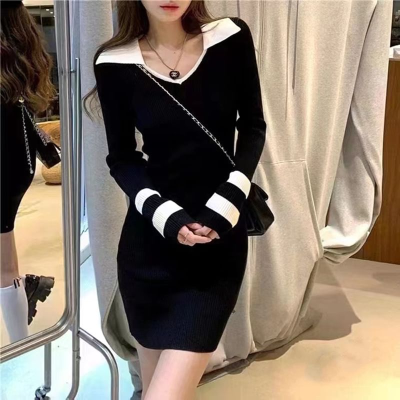 Adoree - Mini-jurk met lange mouwen, kraag, V-hals en strepen, bodycon-sweater