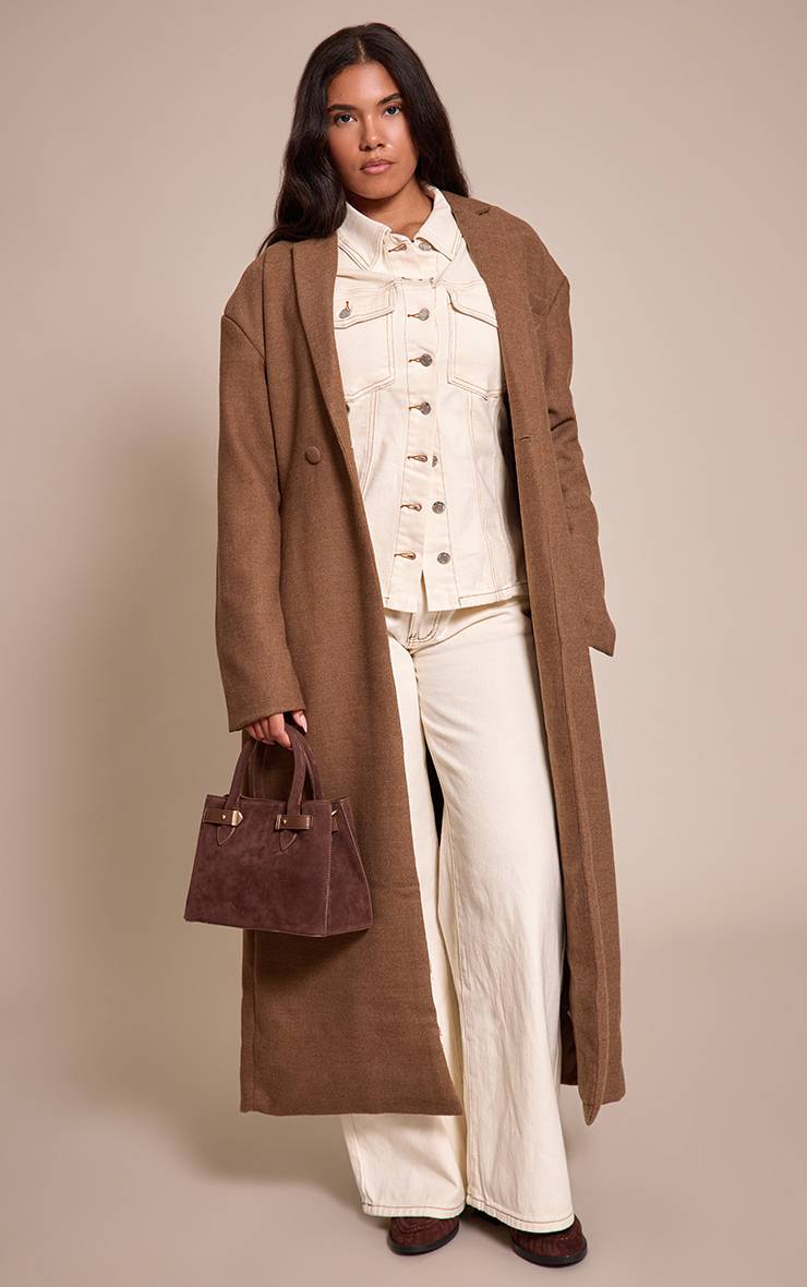 Chocolat Manteau Blazer Long Cinché À La Taille Effet Laine Shape