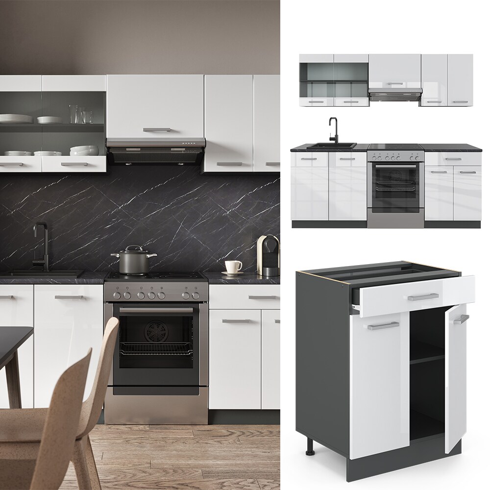 Vicco KÜCHE R-LINE 200CM KÜCHENZEILE KÜCHENBLOCK EINBAU Anthrazit Weiß Hochglanz