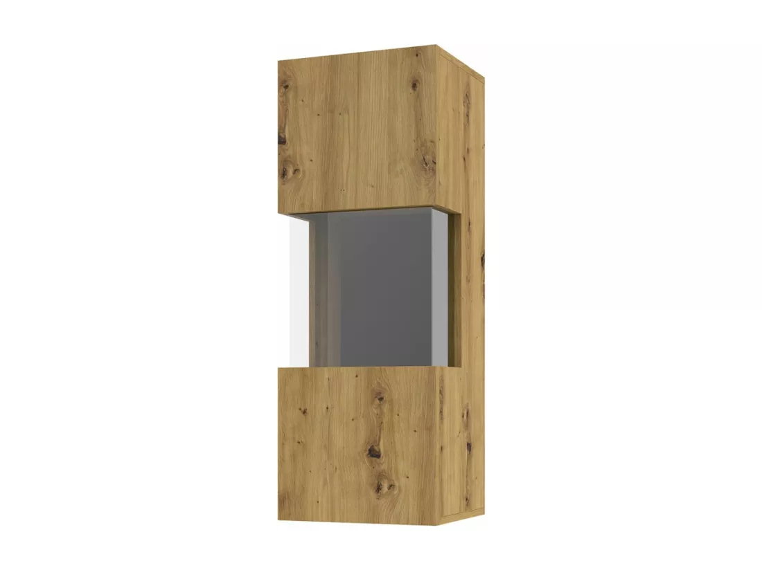 Petite vitrine suspendue 1 porte partiellement vitrée collection EVA. Couleur chêne et noir.