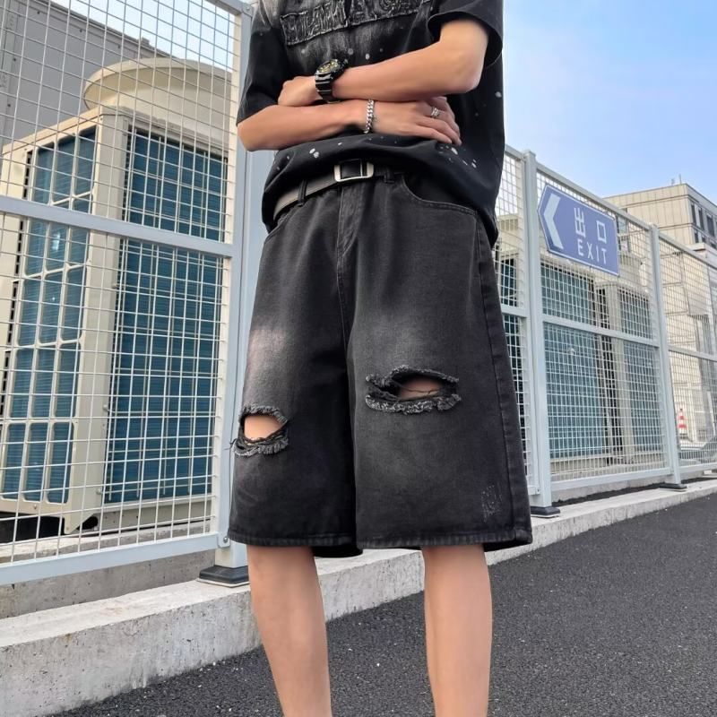 Kimeya - Mid Rise Washed Distressed Wide Leg Denim Shorts